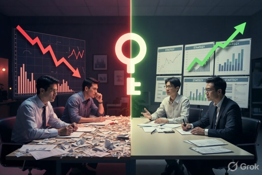 Strategy consultant and client team reviewing a business diagnostic together